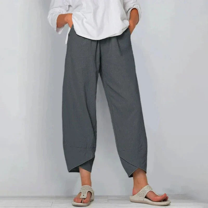 Women's wide-leg cropped pants, grey, elastic waistband with angled hem detail