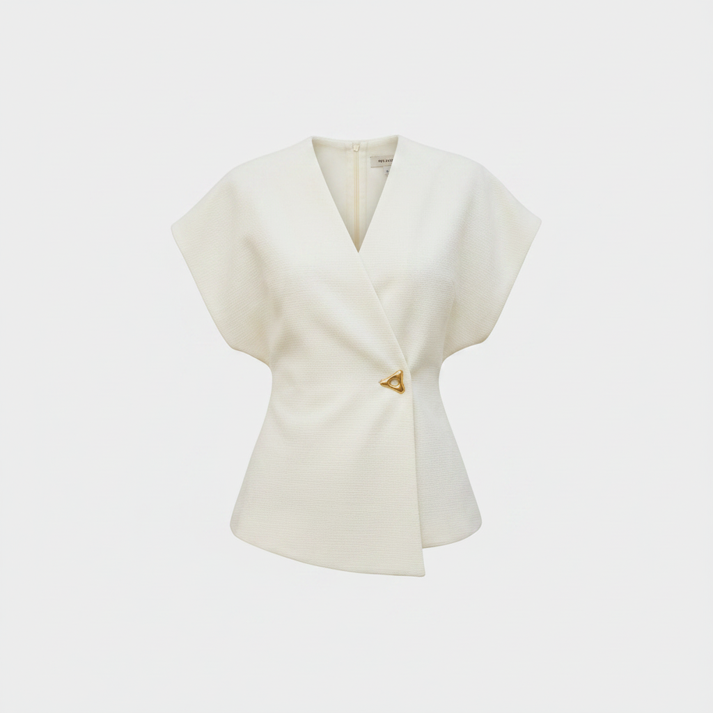 Light wrap-front blouse with V-neck and short sleeves, gold clasp