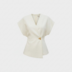 Light wrap-front blouse with V-neck and short sleeves, gold clasp