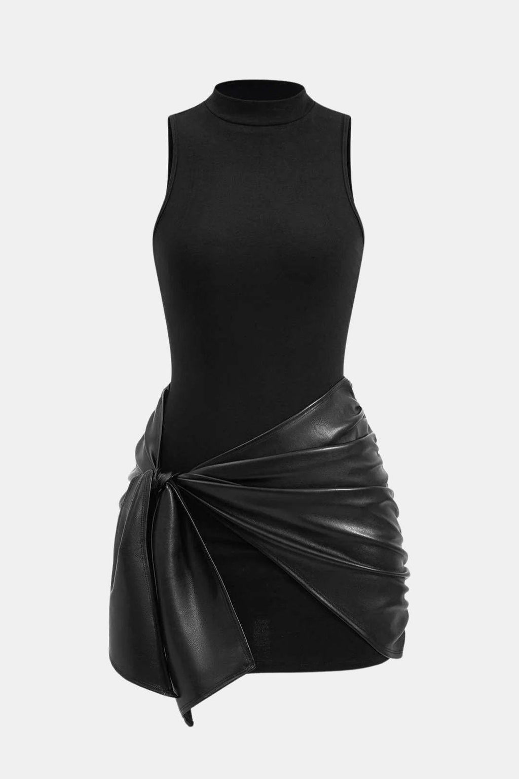 Black sleeveless high-neck mini dress with side-tied ruched faux leather skirt panel