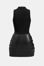 Black sleeveless high-neck mini dress with ruched faux leather tie-front back