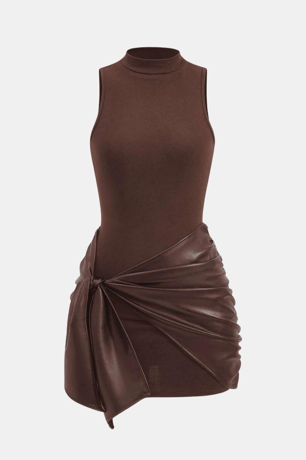 Brown sleeveless high-neck mini dress with ruched faux leather tie-front back
