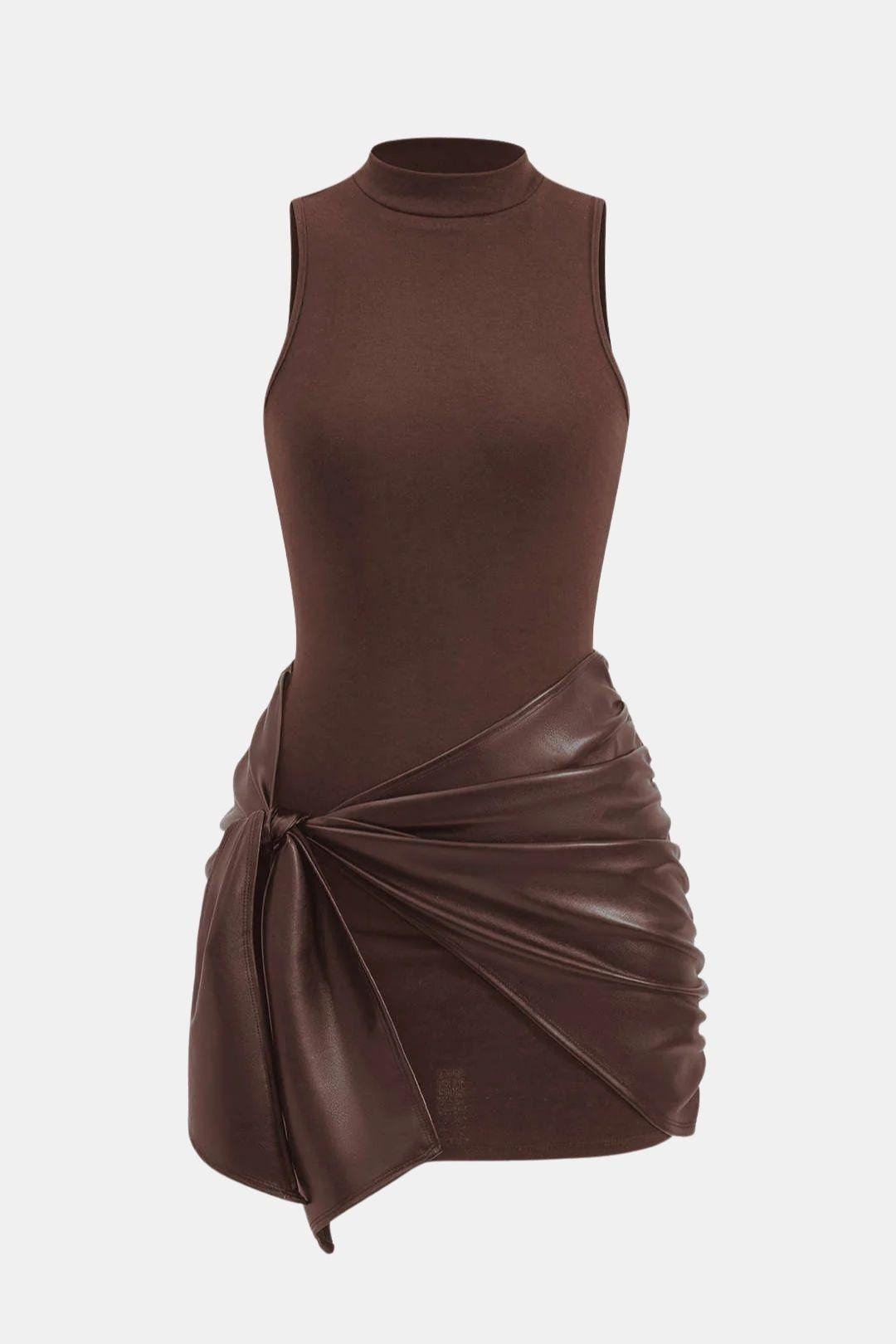 Brown sleeveless high-neck mini dress with ruched faux leather tie-front back