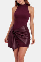 Burgundy sleeveless high-neck mini dress with ruched tie-front faux leather detail