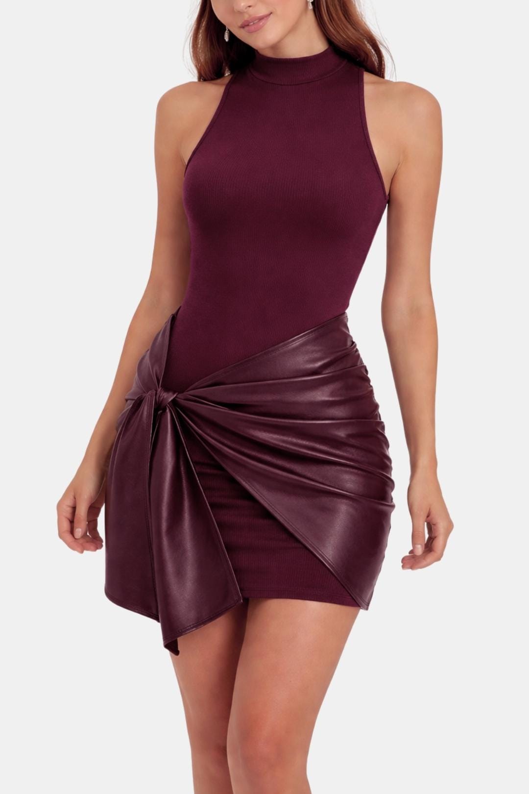 Burgundy sleeveless high-neck mini dress with ruched tie-front faux leather detail