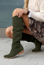 Slouchy knee-high riding boots in olive green, low block heel, side zipper