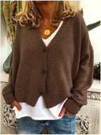 Women’s V-neck button-front cardigan, long sleeves, dark brown fuzzy knit