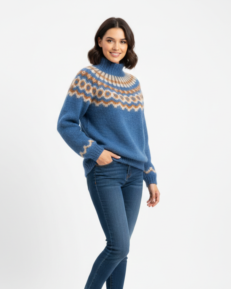Blue mohair knit pullover with crew neck and Nordic pattern across yoke