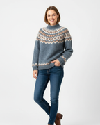 Blue-gray mohair knit pullover with crew neck and Nordic pattern hem