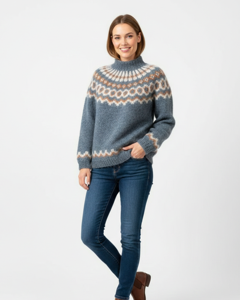 Blue-gray mohair knit pullover with crew neck and Nordic pattern hem
