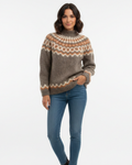 Taupe mohair knit pullover with crew neck and Nordic pattern yoke