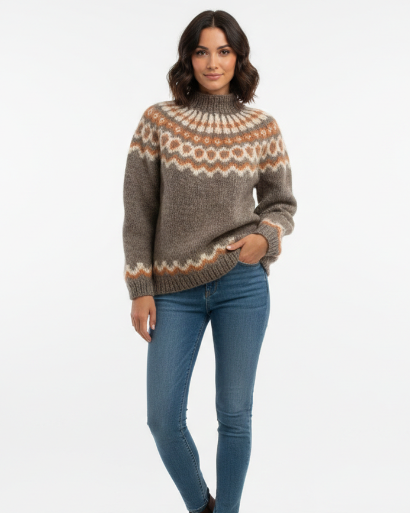 Taupe mohair knit pullover with crew neck and Nordic pattern yoke