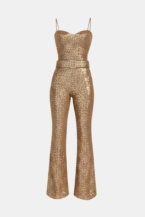 Gold sequin jumpsuit with belted waist and spaghetti straps