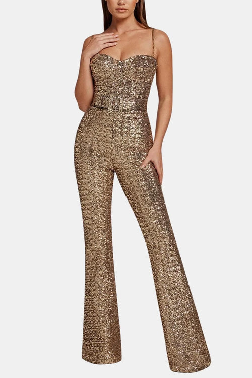 Gold sequin belted jumpsuit with sweetheart neckline and wide flared legs