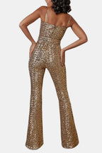 Gold glitter sequin jumpsuit with belted waist and flared wide legs