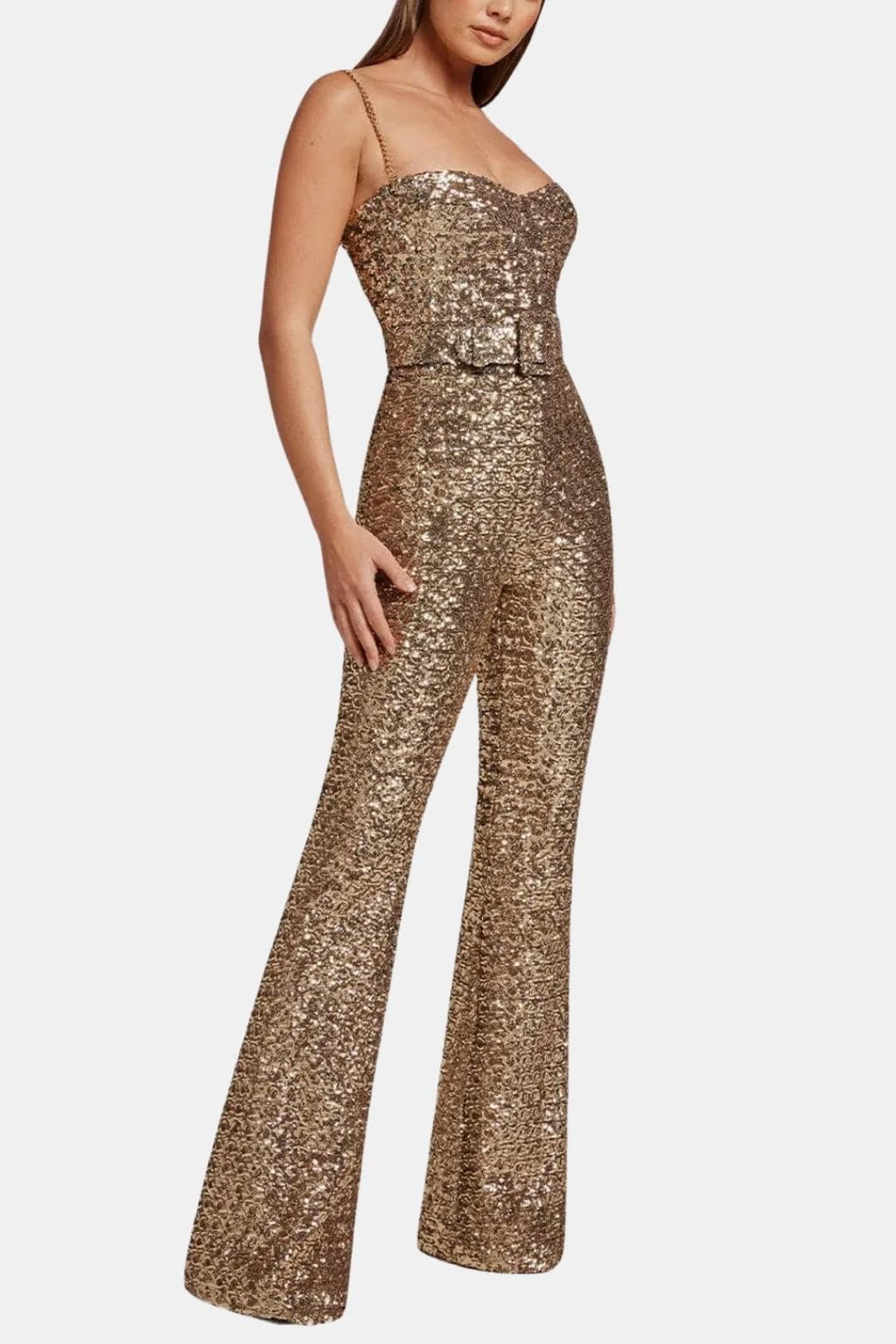 Gold sequin jumpsuit with belted waist, sweetheart bodice, wide legs