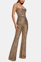Gold sequin jumpsuit with belted waist, sweetheart bodice, wide legs