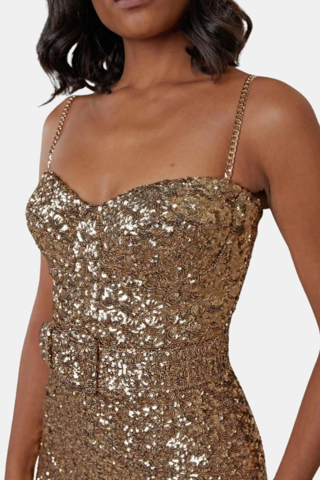 Gold sequin jumpsuit bodice with sweetheart neckline and thin chain straps