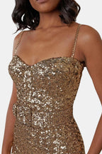 Gold sequin jumpsuit bodice with sweetheart neckline and thin chain straps