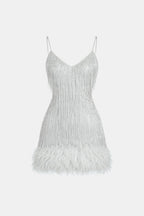 White sequin fringe party dress with spaghetti straps and feather hem