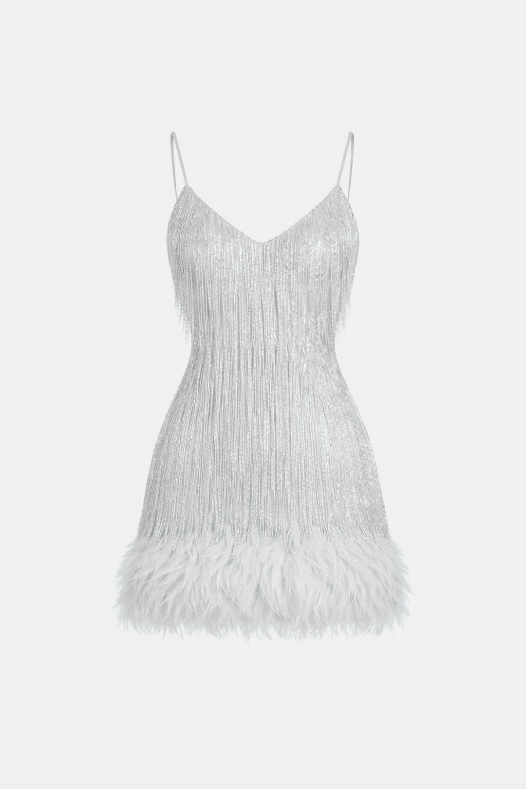 White sequin fringe party dress with spaghetti straps and feather hem