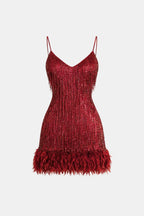 Red sequin fringe party dress with spaghetti straps and feather hem