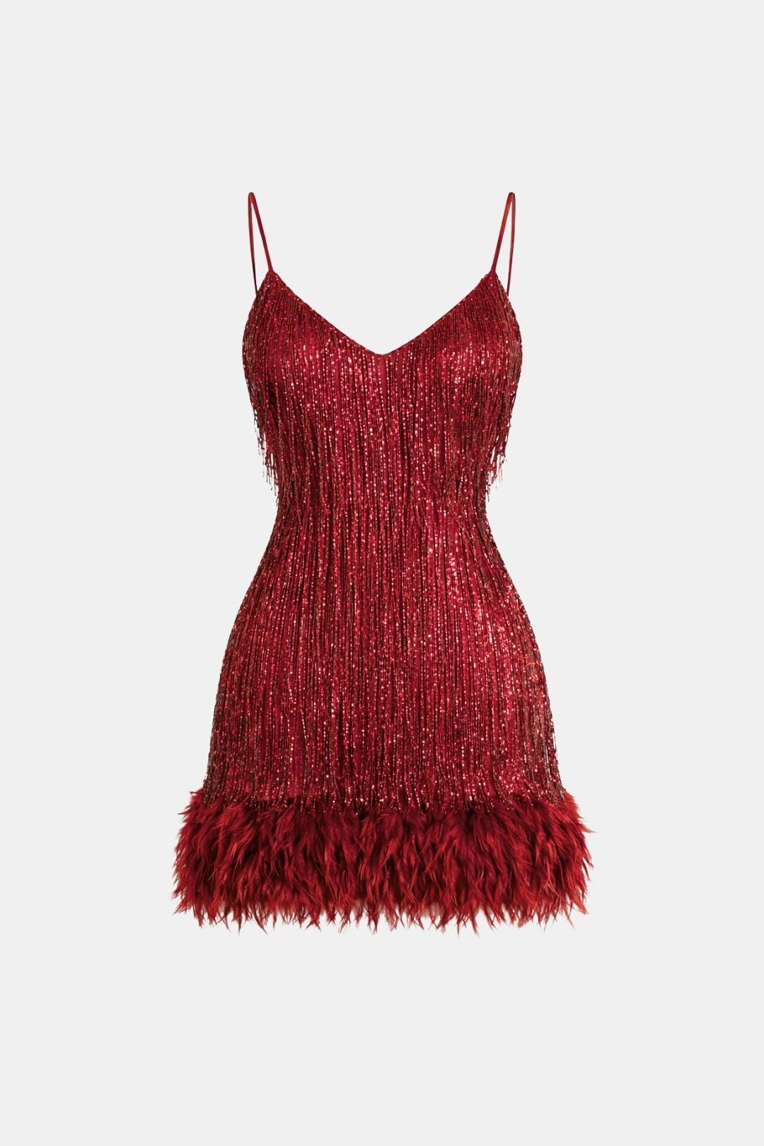 Red sequin fringe party dress with spaghetti straps and feather hem