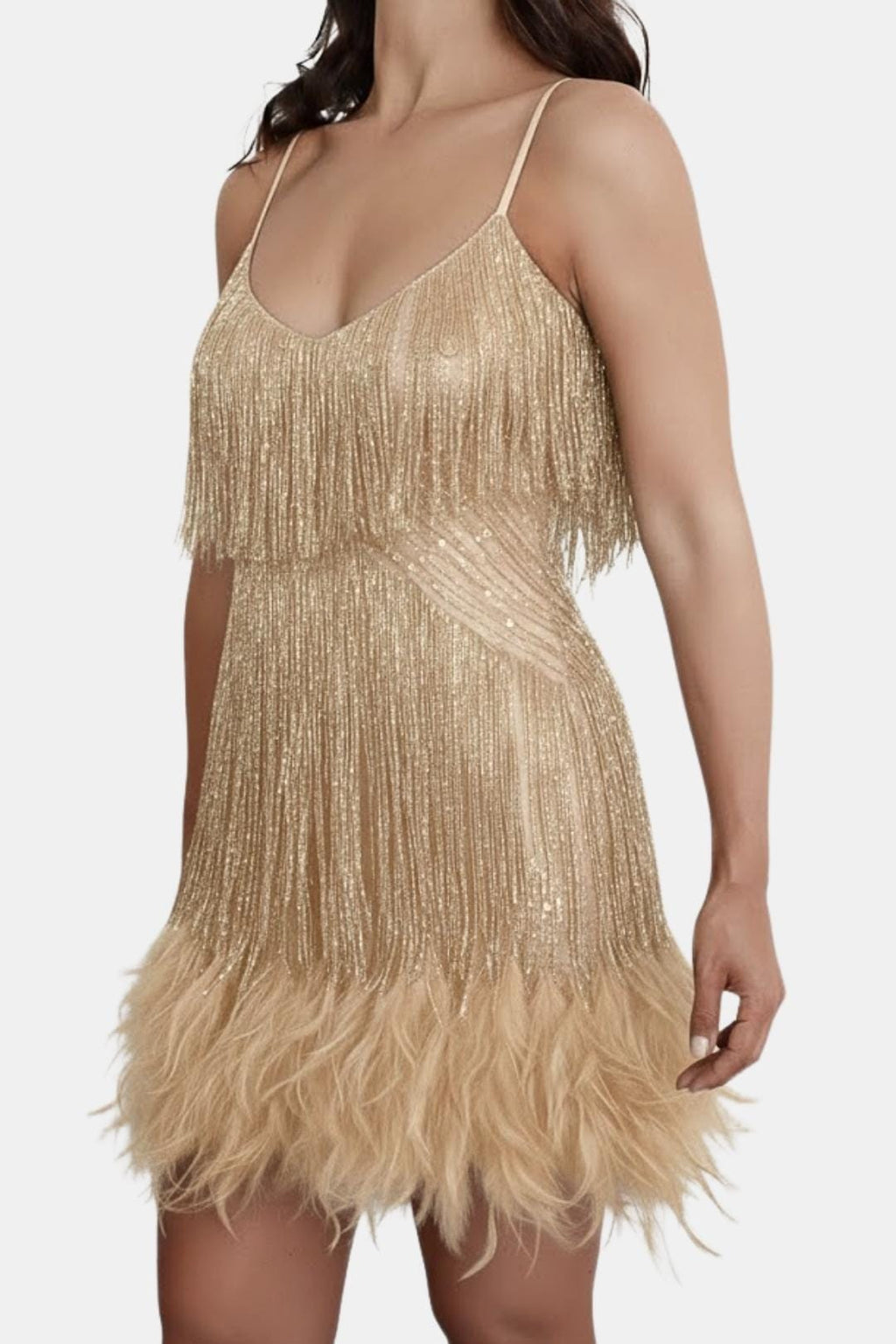 Gold sequin fringe party dress with spaghetti straps and feather hem