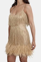 Gold sequin fringe party dress with spaghetti straps and feather hem