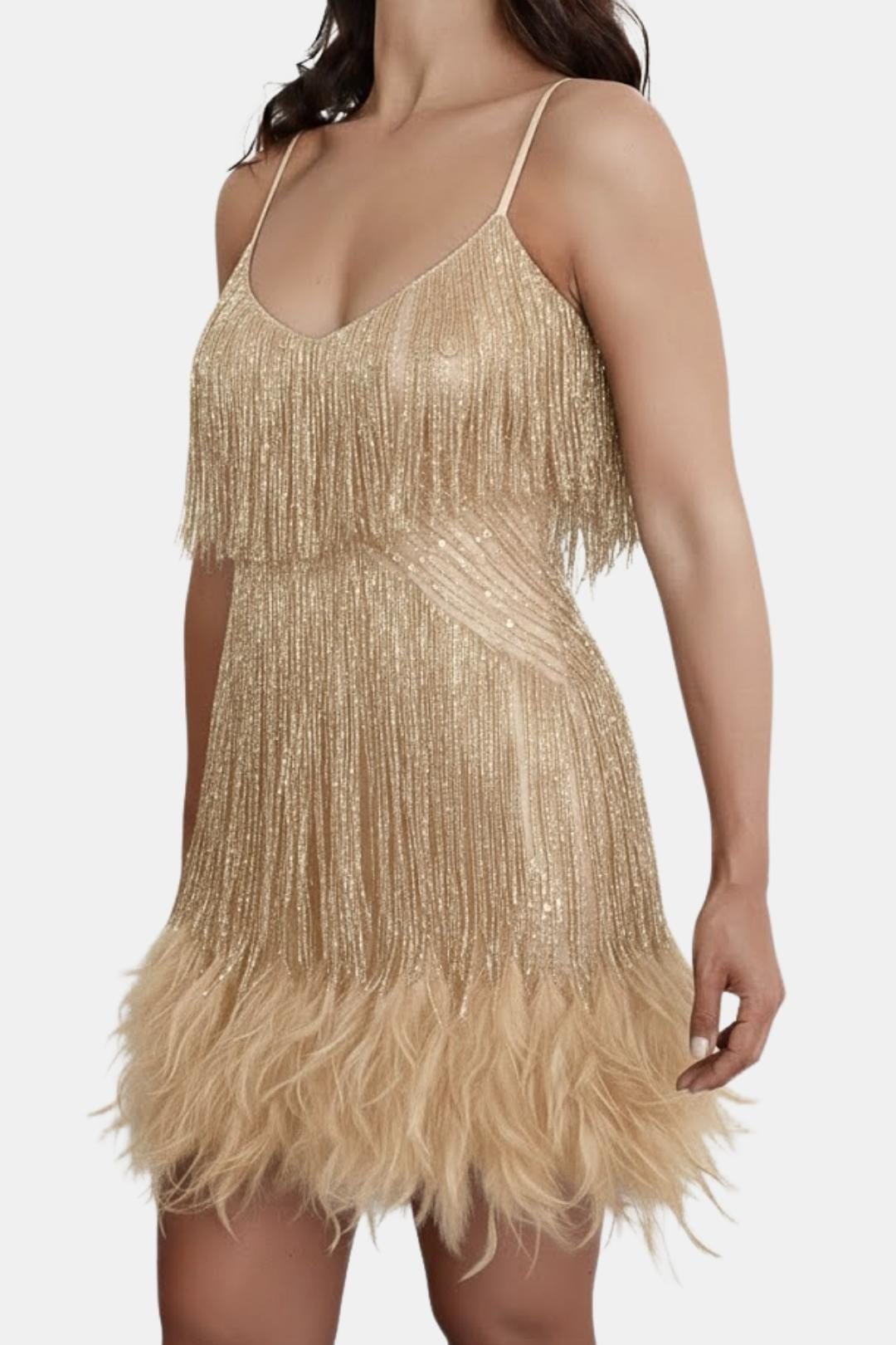 Gold sequin fringe party dress with spaghetti straps and feather hem
