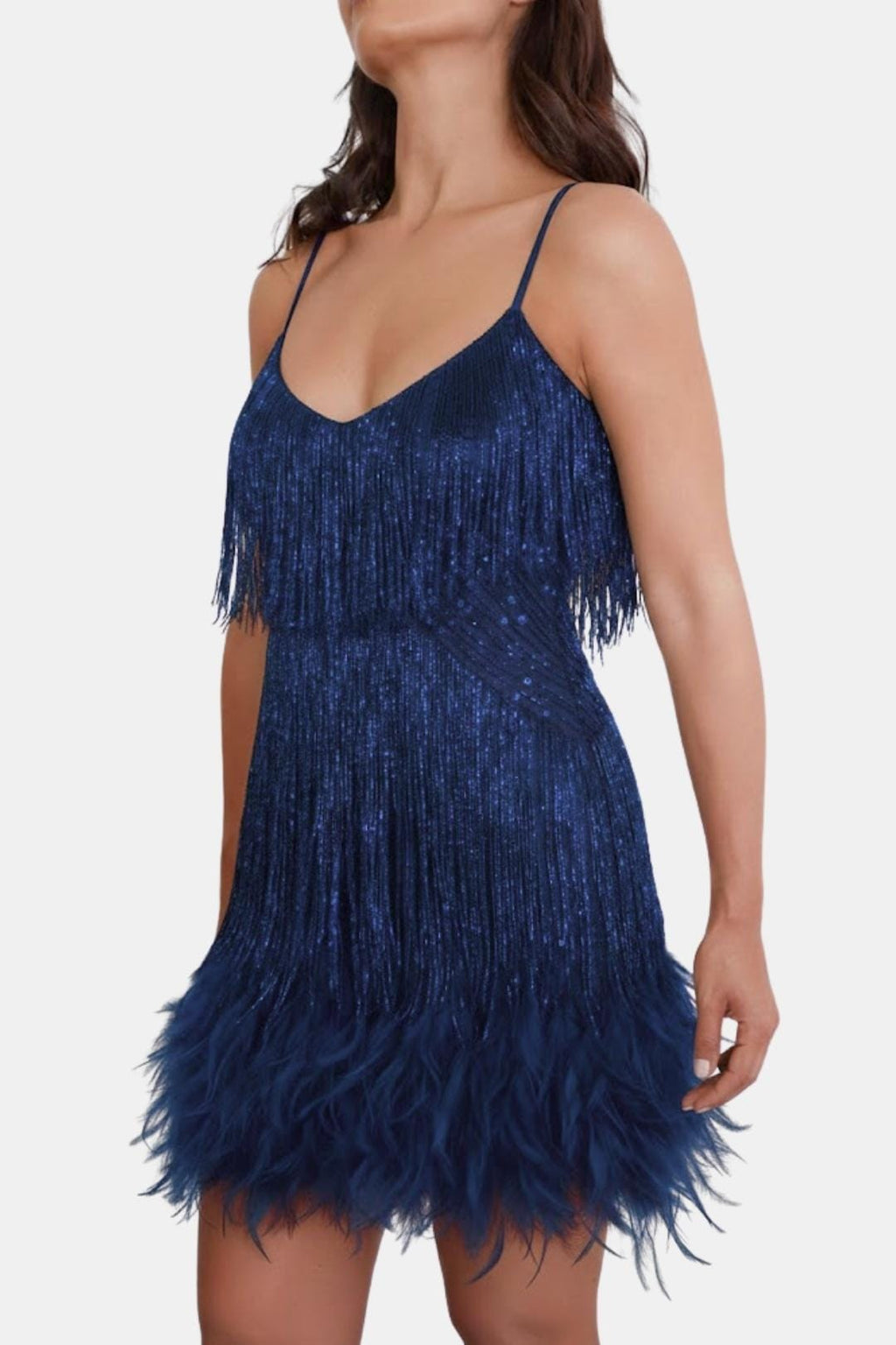 Blue sequin fringe party dress with spaghetti straps and feather hem