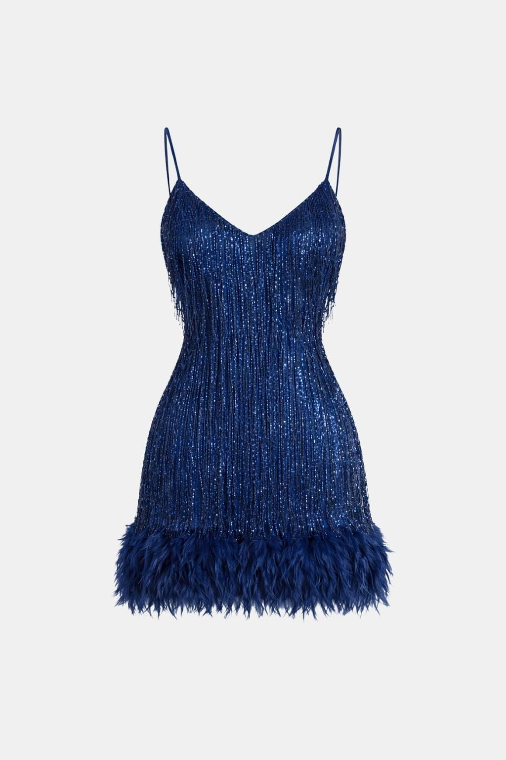 Blue sequin fringe party dress with spaghetti straps and feather hem
