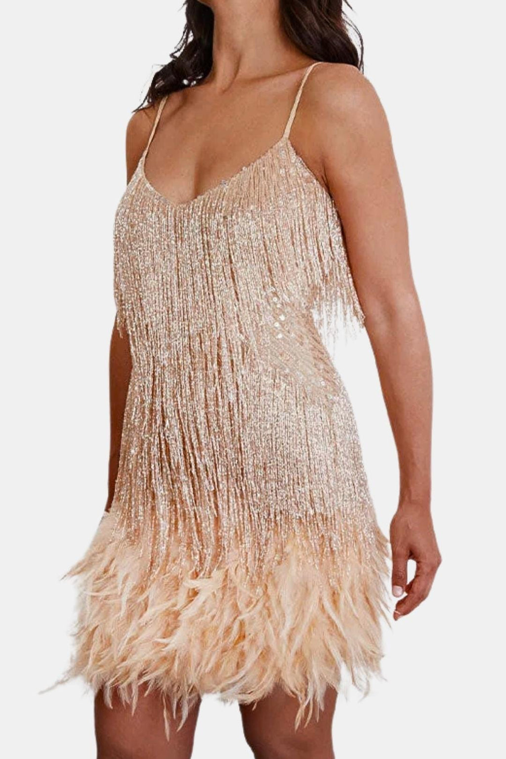 Champagne sequin fringe party dress with spaghetti straps and feather hem