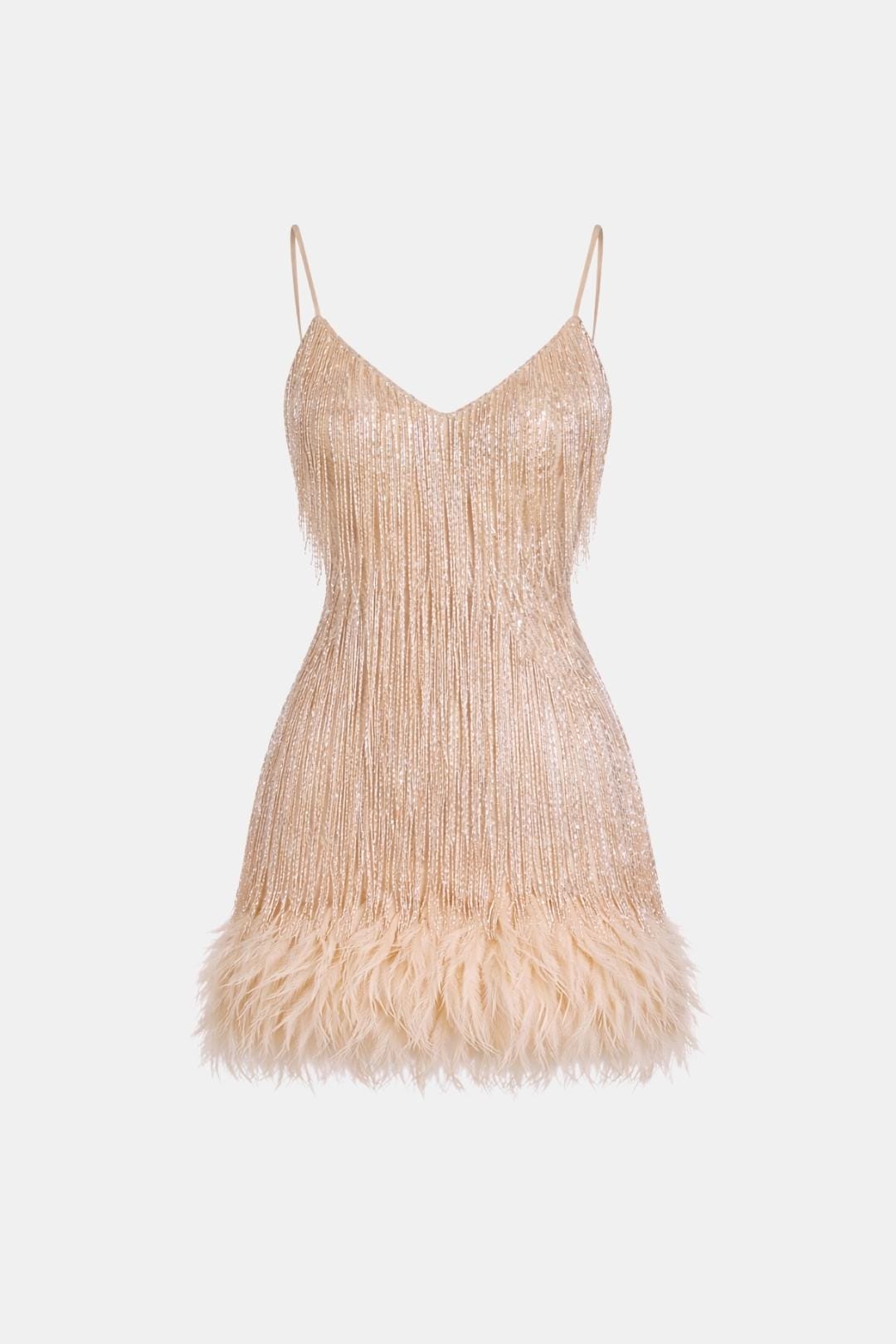 Sequin fringe party dress with feather hem, spaghetti straps, V-neck, gold-beige