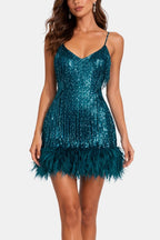 Teal-blue sequin fringe party dress with feather hem, spaghetti straps, V-neck.