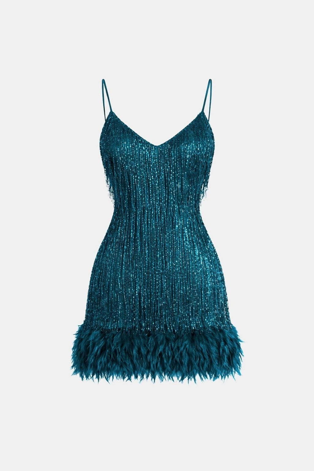 Peacock blue sequin fringe party dress with spaghetti straps and feather hem