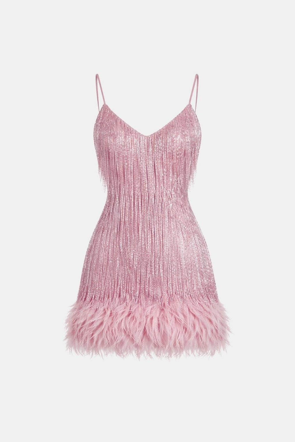 Pink sequin fringe party dress with spaghetti straps and feather hem