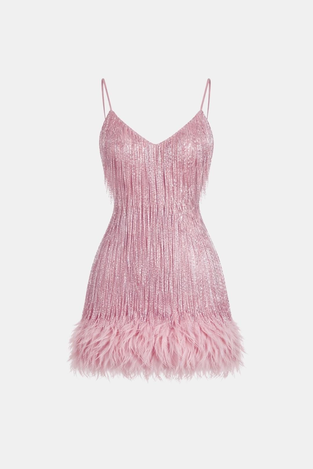 Pink sequin fringe party dress with spaghetti straps and feather hem