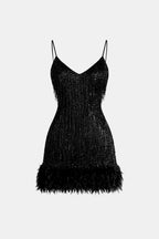 Black sequin fringe party dress with spaghetti straps and feather hem