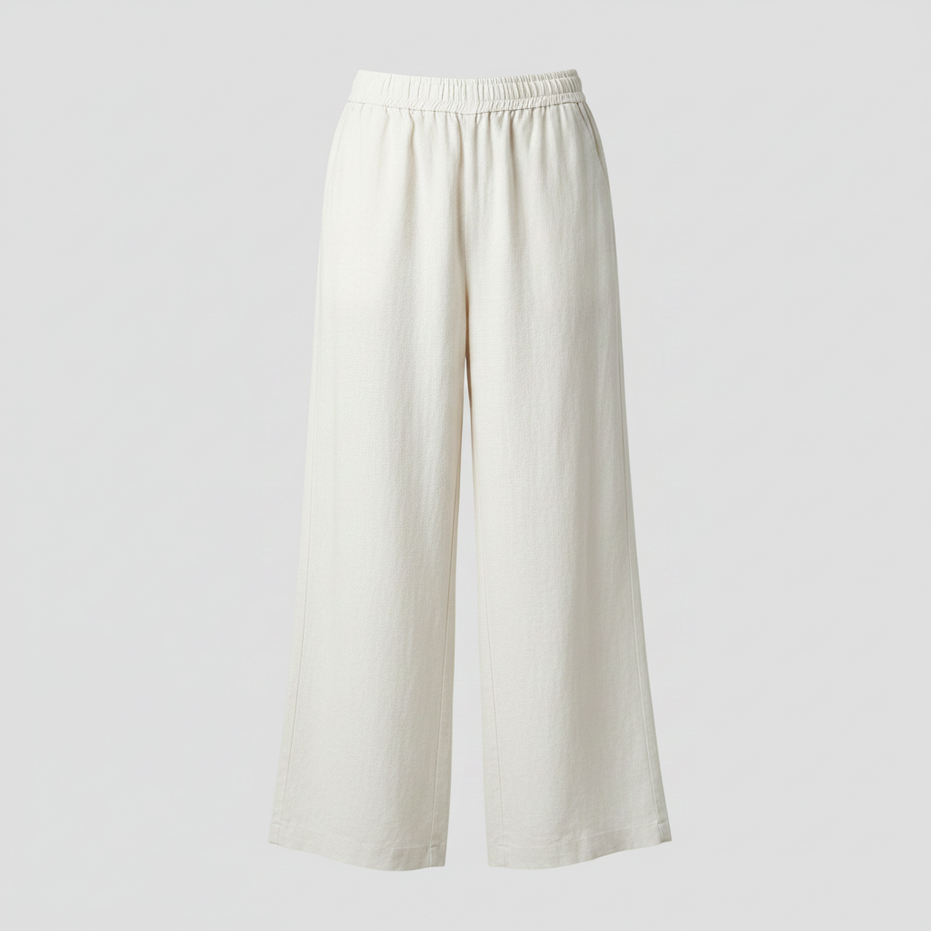 White high-waisted wide-leg pants with elastic waistband and straight wide silhouette