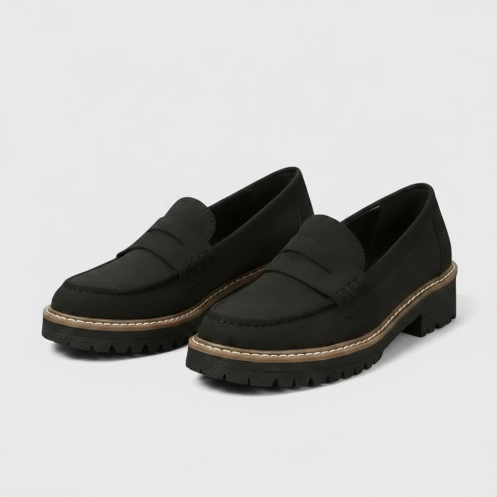 Black slip-on loafers with round toe and thick tread sole with light trim