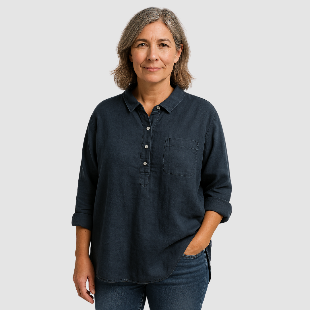 Navy blue button-front cotton blouse with point collar and chest pocket