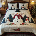 Quilted bedding set with snowman, pine trees and red accents plus two matching pillow shams