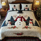 Quilted bedding set with snowman, pine trees and red accents plus two matching pillow shams