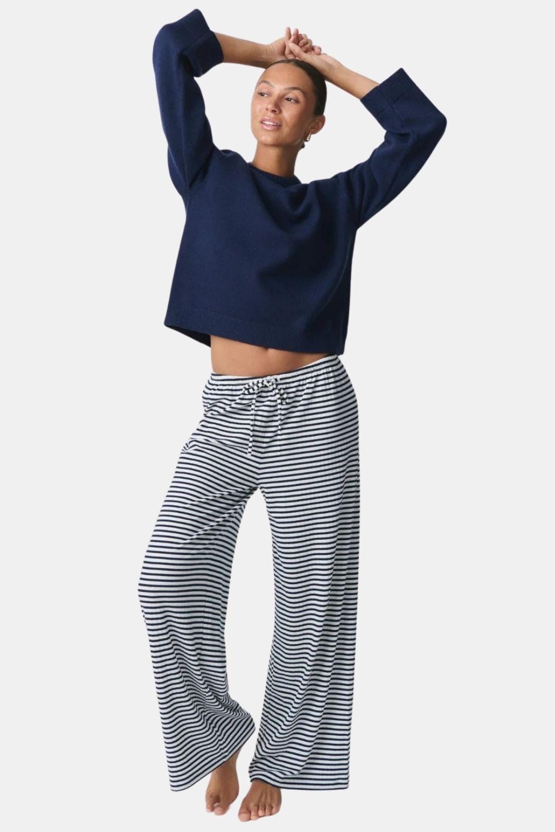 Navy and white striped loose trousers with drawstring waist, wide-leg fit