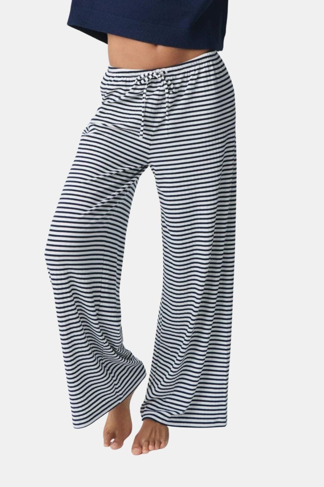 Navy and white striped wide-leg trousers with drawstring waist, loose fit
