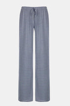 Navy and white striped wide-leg trousers with tie drawstring waist