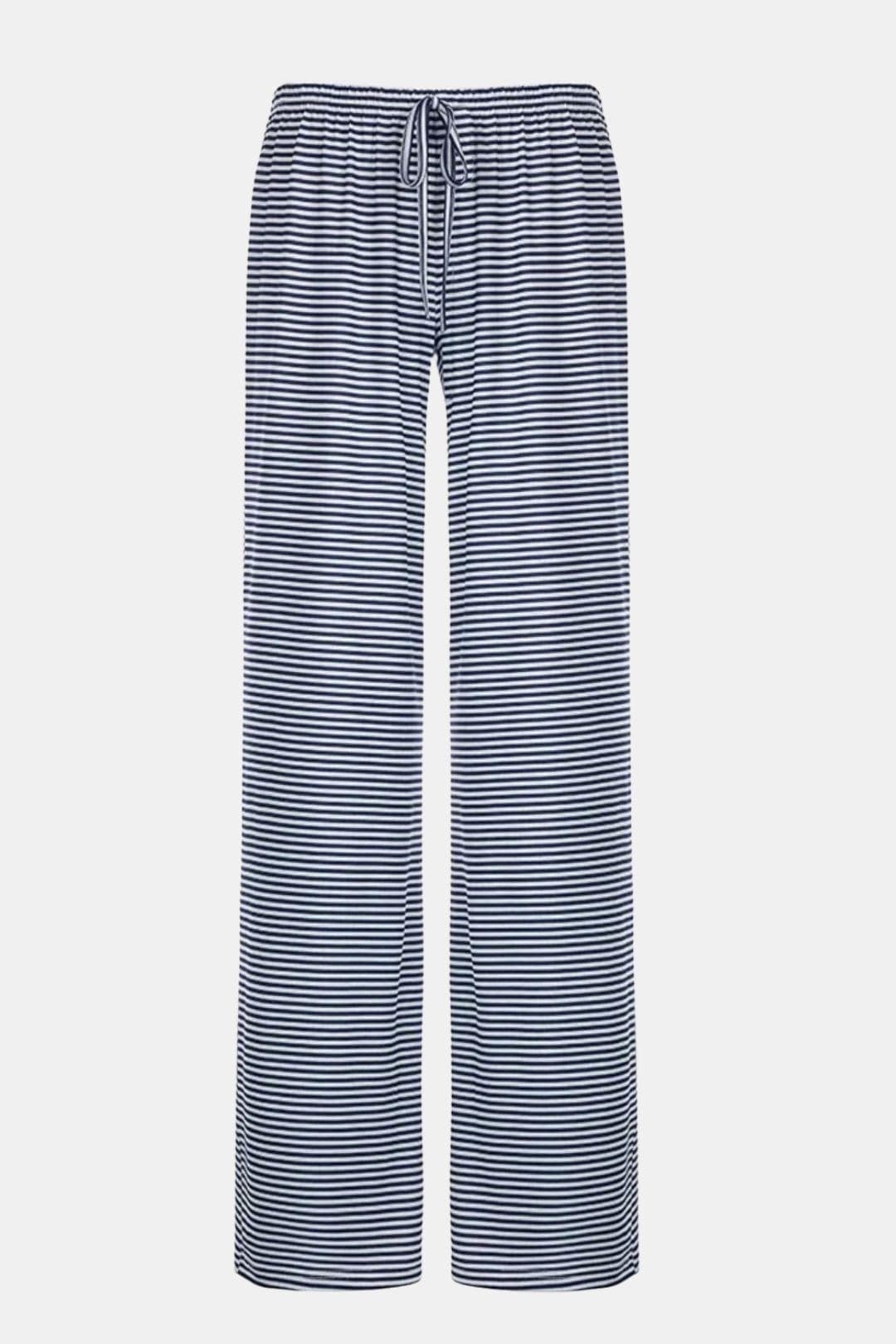 Navy and white striped wide-leg trousers with tie drawstring waist
