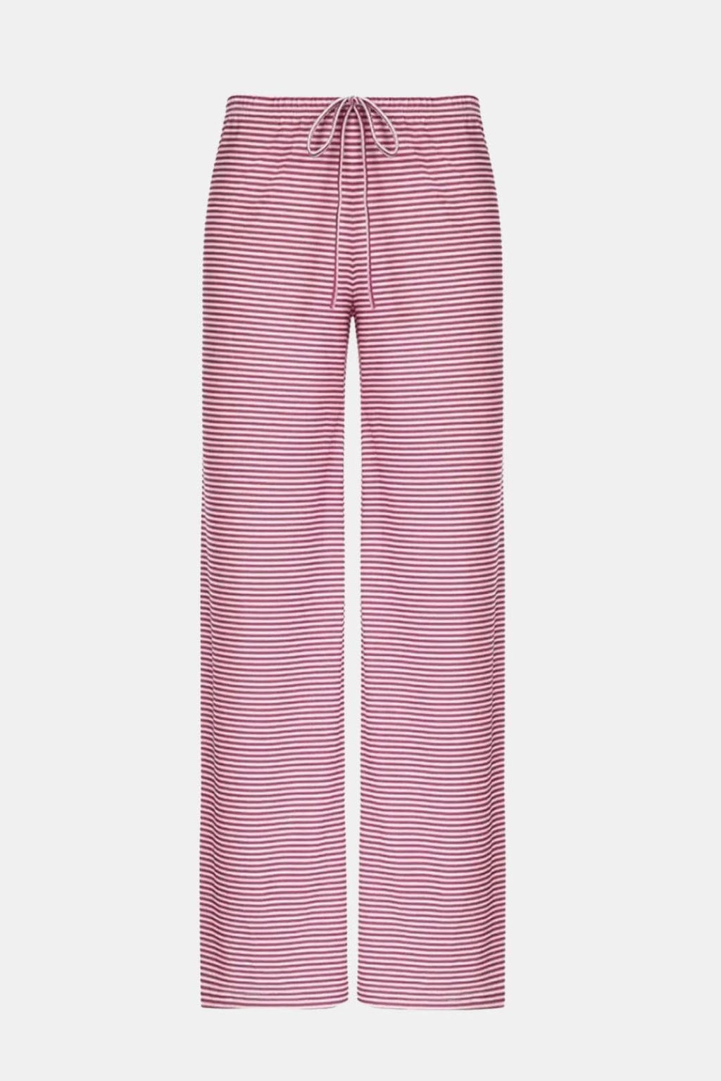 Pink and white striped wide-leg trousers with drawstring waist