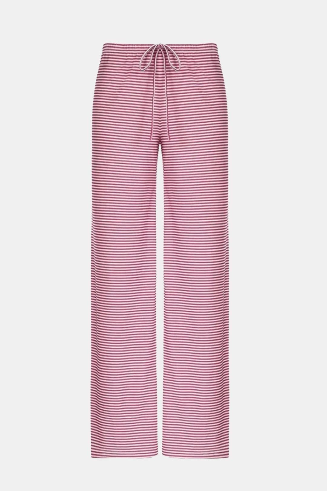 Pink and white striped wide-leg trousers with drawstring waist